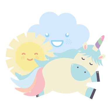 Güneş Kawaii peri karakterler ile sevimli güzel Unicorn
