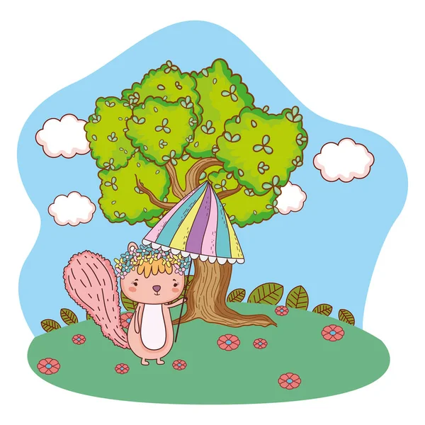 Χαριτωμένο μικρό σκιουράκι με ομπρέλα στο χωράφι — Διανυσματικό Αρχείο