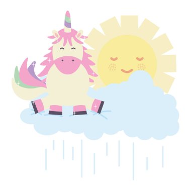 bulutlar ve güneş Kawaii karakterler ile sevimli güzel Unicorn