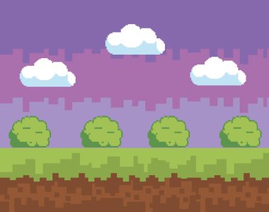 Arcade oyun dünya ve piksel sahne tasarım vektör illüstrasyon