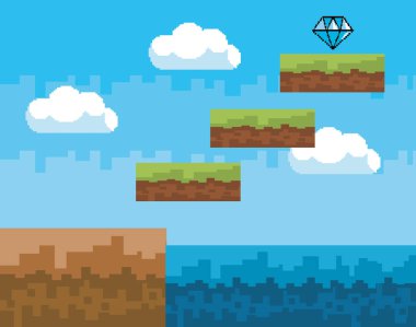 Arcade oyun dünya ve piksel sahne tasarım vektör illüstrasyon