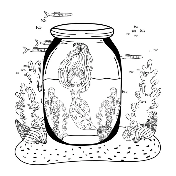Krásná mořská panna v Masonské sklenici s mořských řas — Stockový vektor