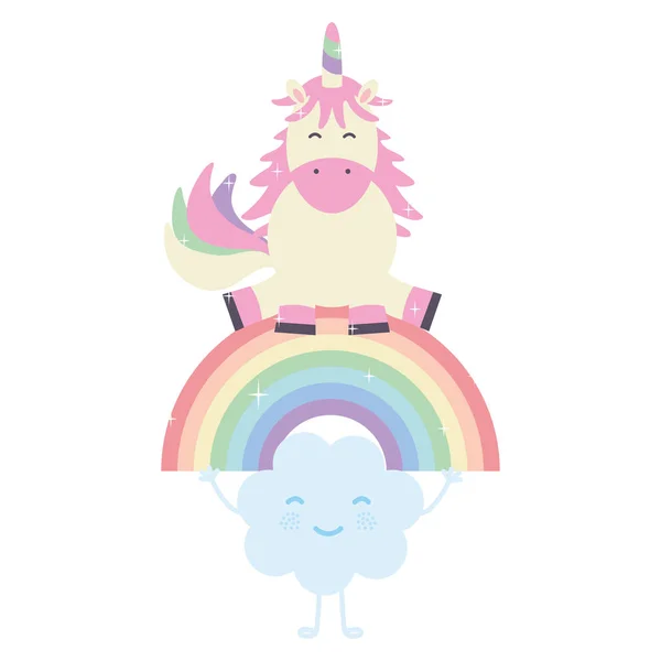 Lindo unicornio con nubes y personajes kawaii arco iris — Vector de stock