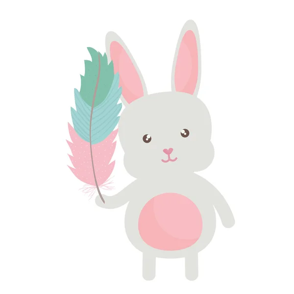 Cute little rabbit lifting feather character — Stock Vector