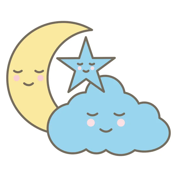 Schattige wolk met maan en sterren kawaii personages — Stockvector