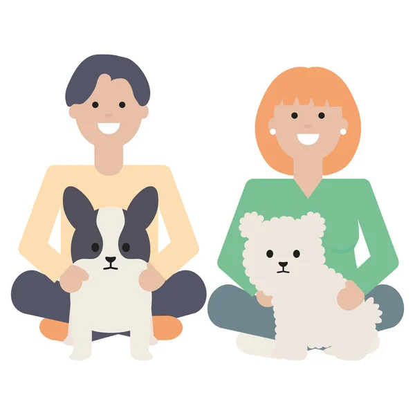 Jovem casal com cães adoráveis mascotes — Vetor de Stock
