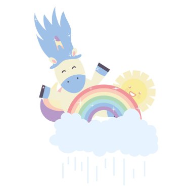 bulutlar ve güneş Kawaii karakterler ile gökkuşağı sevimli Unicorn
