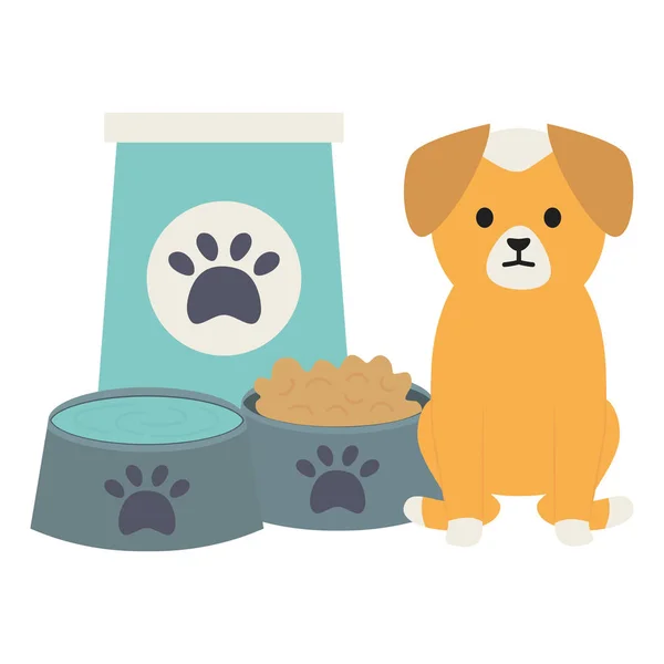 Pequeno cão adorável com pratos de comida e água — Vetor de Stock
