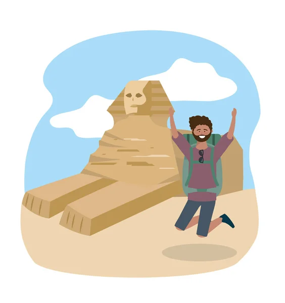 旅行男子跳跃和埃及雕塑目的地 — 图库矢量图片