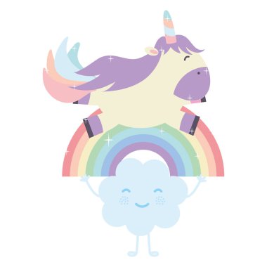 bulutlar ve gökkuşağı Kawaii karakterleri ile sevimli Unicorn