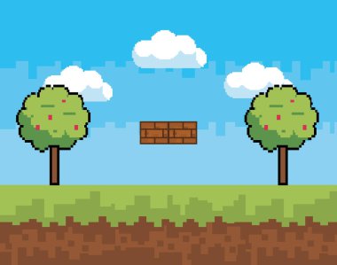 Arcade oyun dünya ve piksel sahne tasarım vektör illüstrasyon