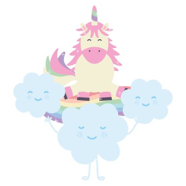 şirin sevimli Unicorn ve bulutlar Kawaii peri karakterler