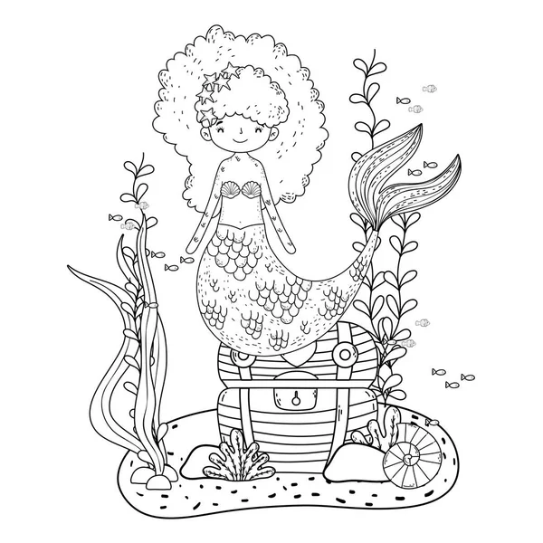 Cute mermaid with treasure chest undersea — Stock Vector