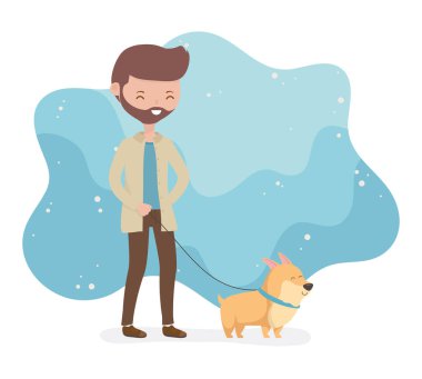 sevimli küçük köpek maskot ile genç adam