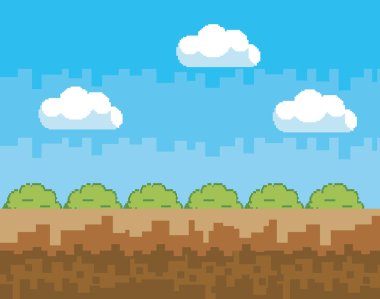 Arcade oyun dünya ve piksel sahne tasarım vektör illüstrasyon