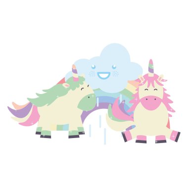 bulutlar ve gökkuşağı Kawaii ile sevimli güzel unicorns