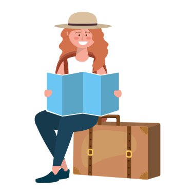 Çanta tasarımı ile turist kız karikatür