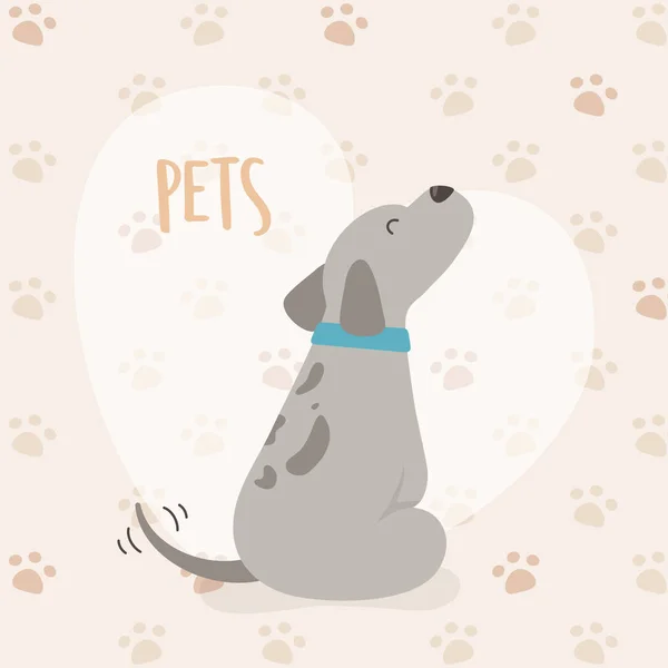 ハートと足のプリントの背景を持つ犬のマスコットキャラクター — ストックベクタ