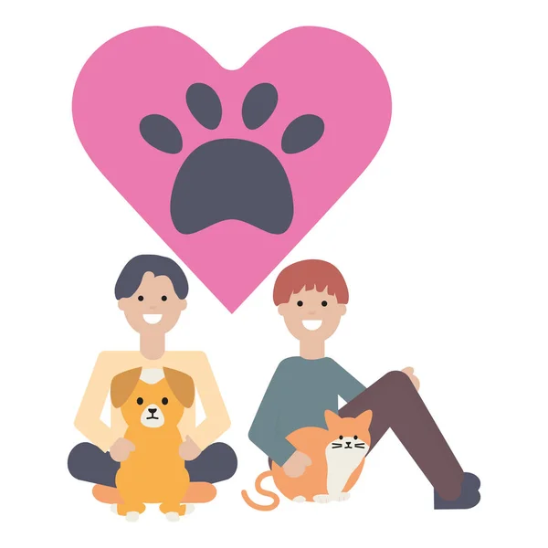 Νέοι άνδρες με μικρό σκυλί και γάτα αξιολάτρευτο μασκότ — Διανυσματικό Αρχείο