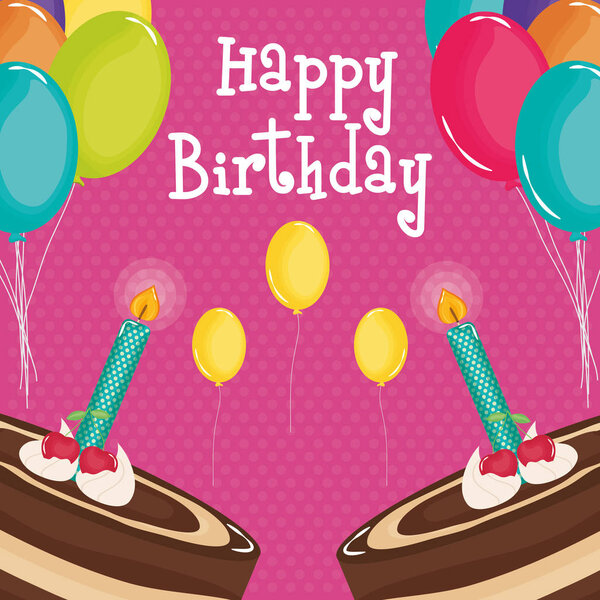 поздравительная открытка, сладкий торт и свечи с воздушными шарами гелия
