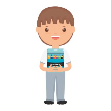 renk kalemler kutusu ile sevimli küçük öğrenci çocuk