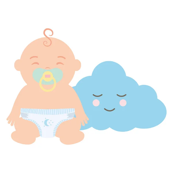 Lindo niño pequeño con nube kawaii — Vector de stock