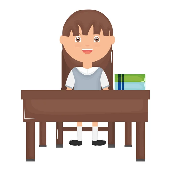 Nettes kleines Studentenmädchen mit Schulbüchern auf der Schulbank — Stockvektor