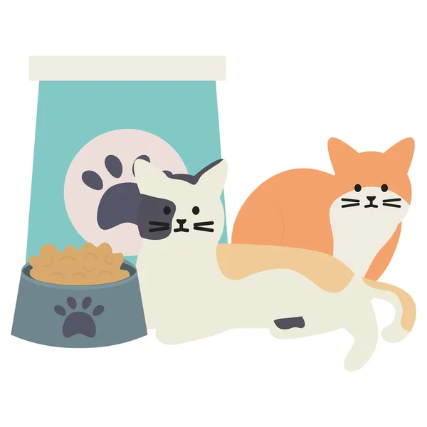 Mascotas lindas gatos con bolsa de papel comida y plato — Archivo Imágenes Vectoriales