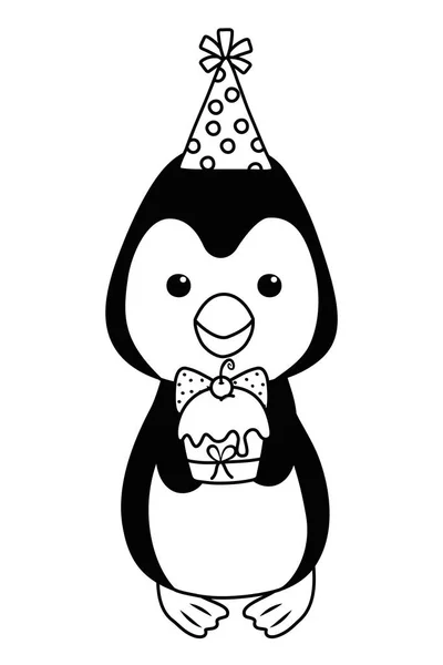 Dibujos animados de pingüino con diseño de icono de cumpleaños feliz — Vector de stock