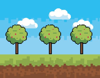 Arcade oyun dünya ve piksel sahne tasarım vektör illüstrasyon