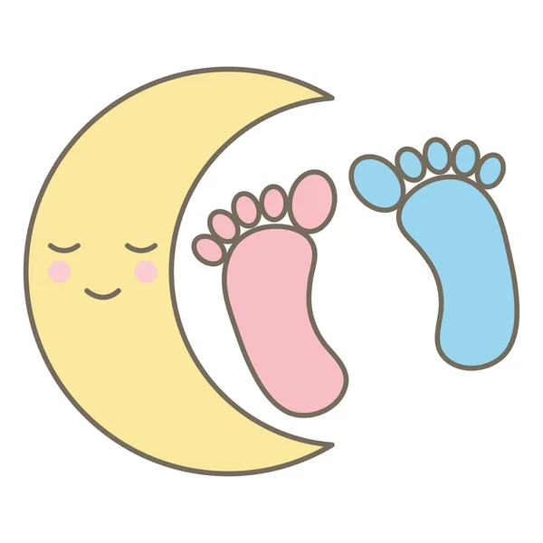 Stampa piede bambino con carattere luna kawaii — Vettoriale Stock