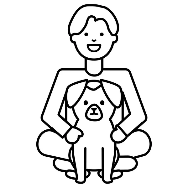 Jonge man met kleine hond schattig mascotte — Stockvector