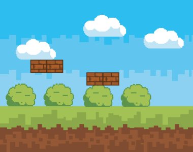 Arcade oyun dünya ve piksel sahne tasarım vektör illüstrasyon