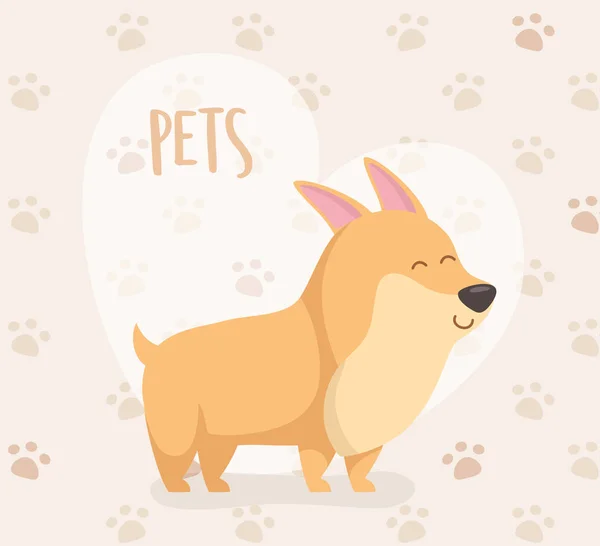 Hund Maskottchen Charakter mit Herz und Pfote Prints Hintergrund — Stockvektor