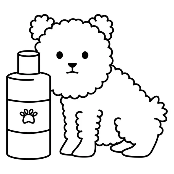 Mały pies urocza maskotka z butelką szamponu — Wektor stockowy