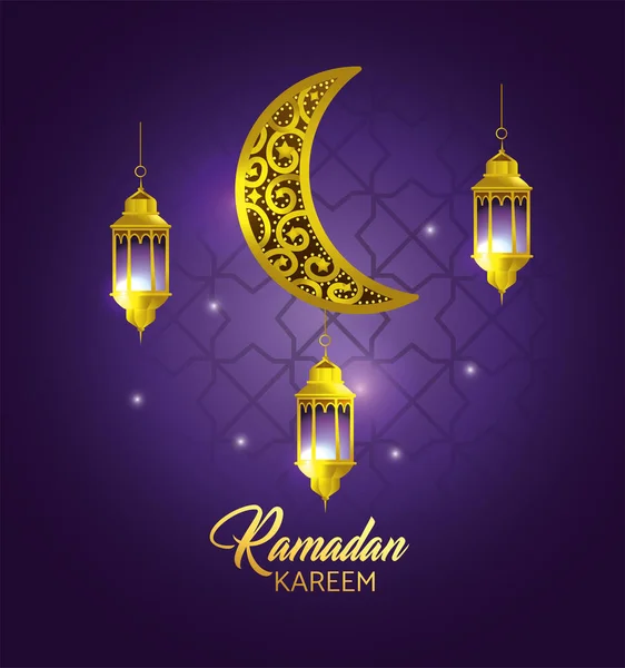 Lune avec des lampes suspendues à la célébration du kareem ramadan — Image vectorielle