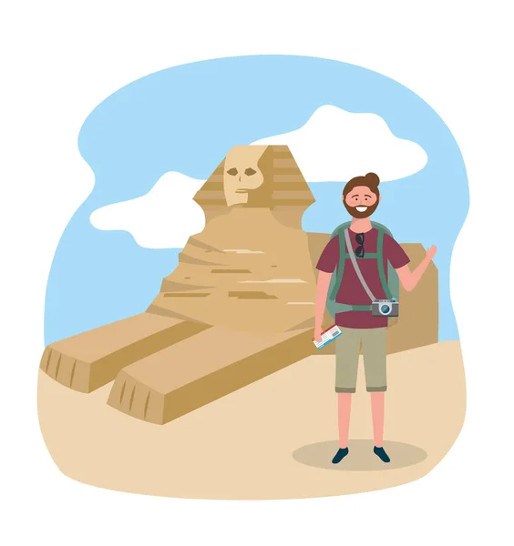Voyage homme avec appareil photo et egypte sculpture destination — Image vectorielle
