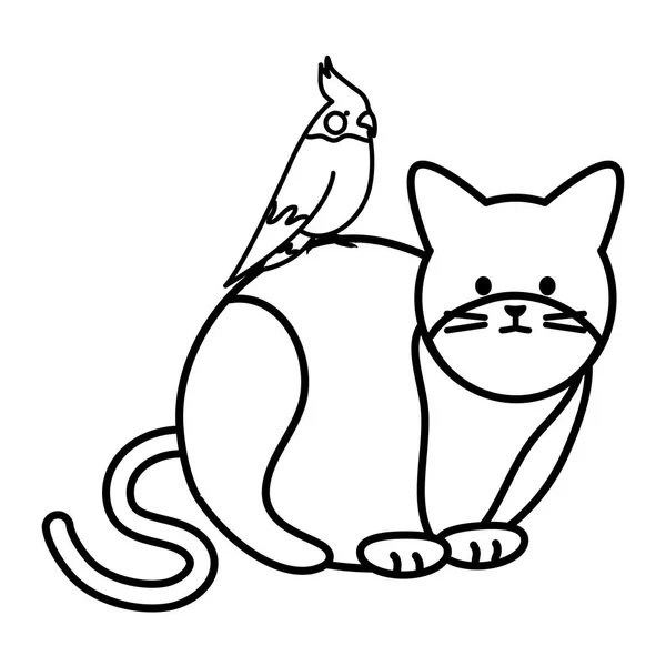 Lindo gato y pájaro mascotas adorables personajes — Archivo Imágenes Vectoriales