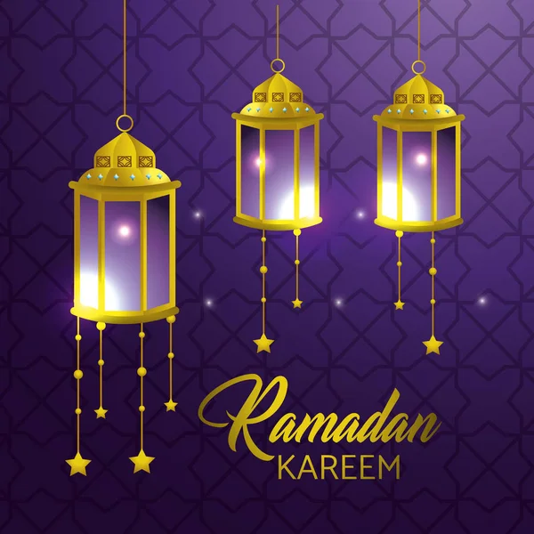 Lampor hängande med stjärnor till Ramadan Kareem — Stock vektor
