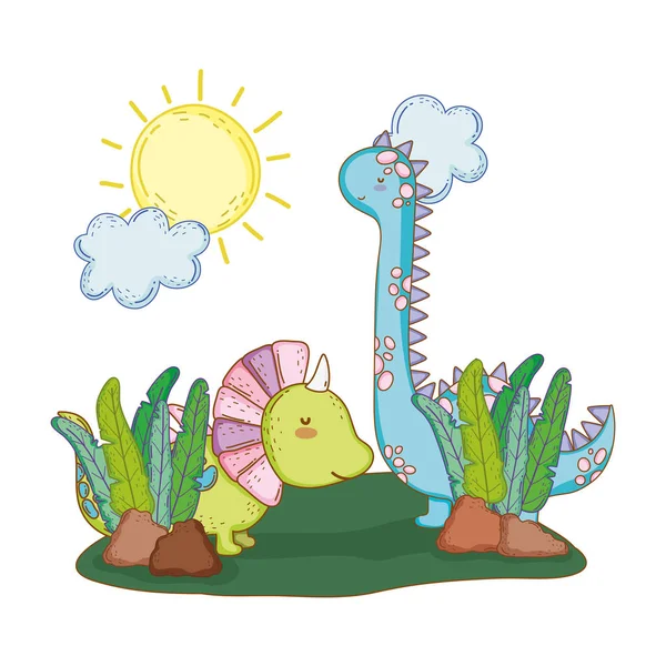 Cute dinosaurs couple in the landscape characters — Stock Vector