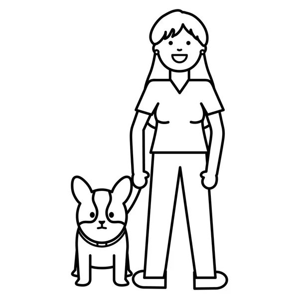 Jonge vrouw met kleine hond schattig mascotte — Stockvector