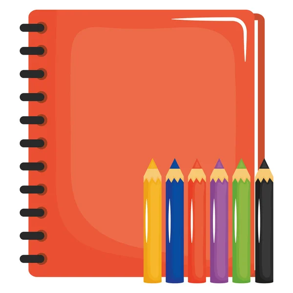 Carnet de notes fournitures scolaires avec crayons de couleurs — Image vectorielle