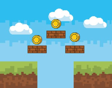 Arcade oyun dünya ve piksel sahne tasarım vektör illüstrasyon