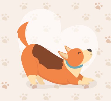 kalp ve pençe baskılar arka plan ile köpek maskot karakter