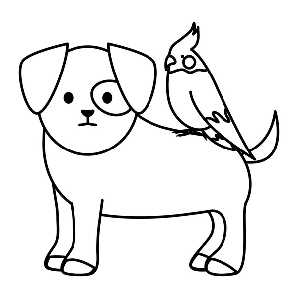 Petit chien avec oiseau adorables mascottes personnages — Image vectorielle