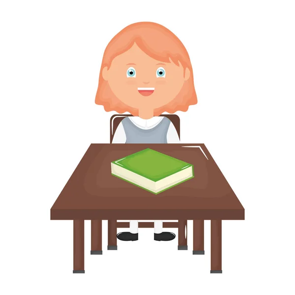 Милая маленькая студентка с учебниками в школьном столе — стоковый вектор