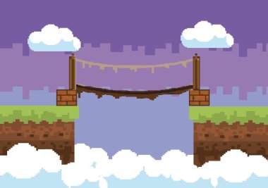 Arcade oyun dünya ve piksel sahne tasarım vektör illüstrasyon