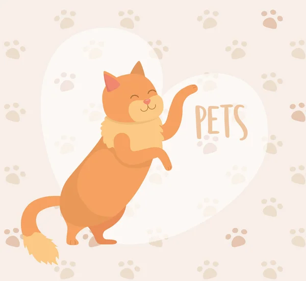 可爱的小猫吉祥物与爪印背景 — 图库矢量图片