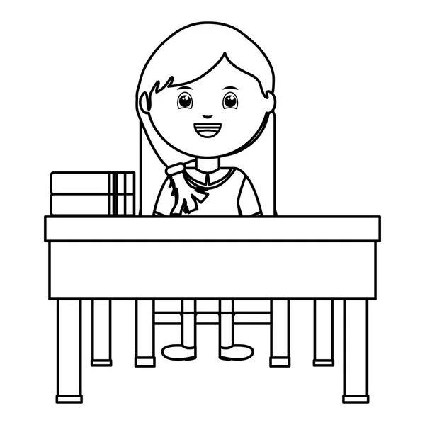 Cute little student girl sitting in schooldesk — Stock Vector