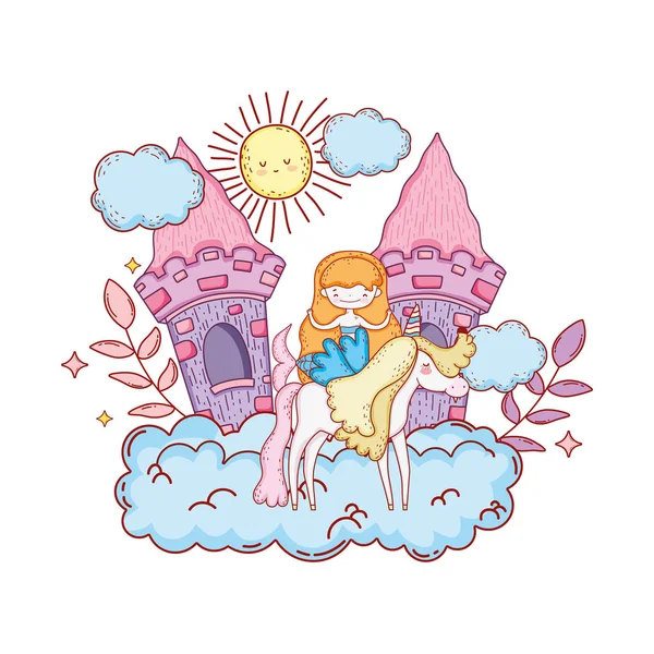 Meerjungfrau mit Einhorn und Burg auf Wolke — Stockvektor